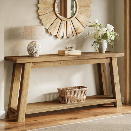 70.9" Solid Wood Console Table with 2-Tier Storage Shelf