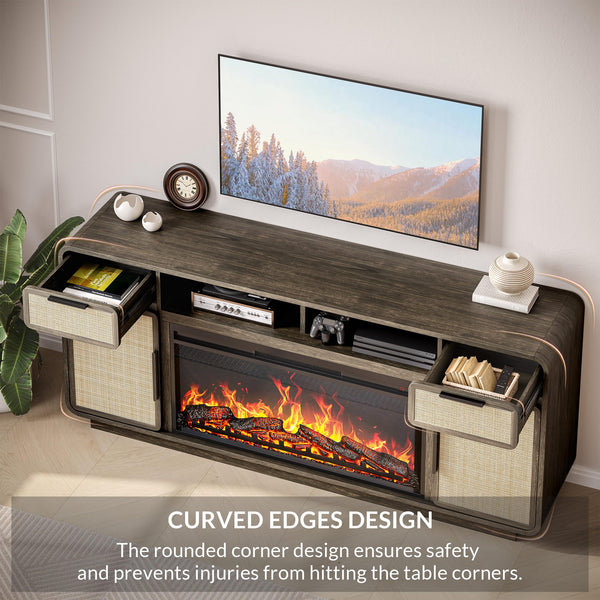 68" Fireplace TV Stand with Rattan Storage Cabinet