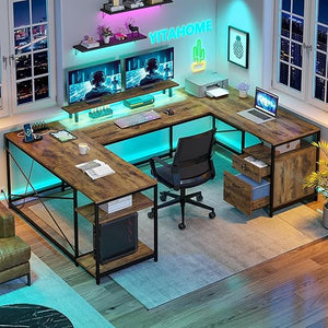 U-Shaped Computer Desk with Power Outlets, LED Lights & Storage