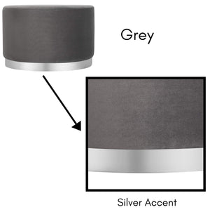 Round Grey Velvet Ottoman Pouf with Silver Trim