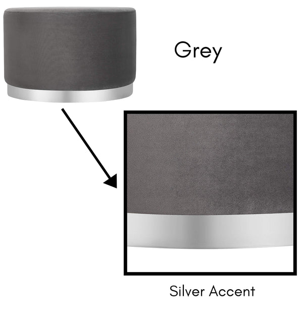 Round Grey Velvet Ottoman Pouf with Silver Trim