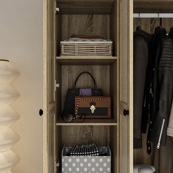 4-Door Rattan Wardrobe Armoire with Drawers
