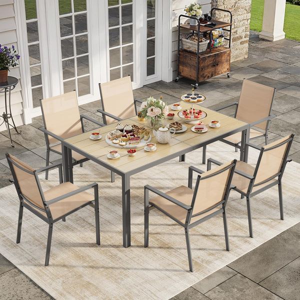 6-Person Outdoor Patio Dining Set with Umbrella Hole – Steel Table & Textilene Chairs