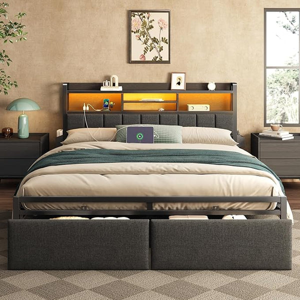 Full Size Bed Frame with Storage Drawers, Charging Station & LED Lights
