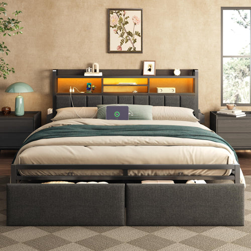 Platform Bed Frame with LED Lights, Storage Drawers & Charging Station