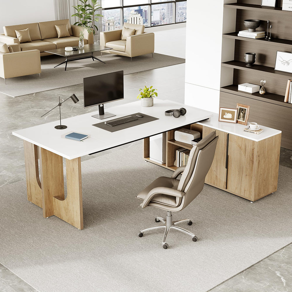 74" L-Shaped Executive Desk with Storage Cabinet & Shelves