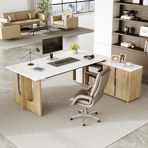 74" L-Shaped Executive Desk with Storage Cabinet & Shelves