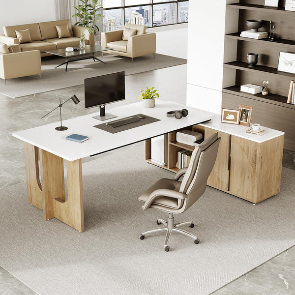74" L-Shaped Executive Desk with Storage Cabinet & Shelves