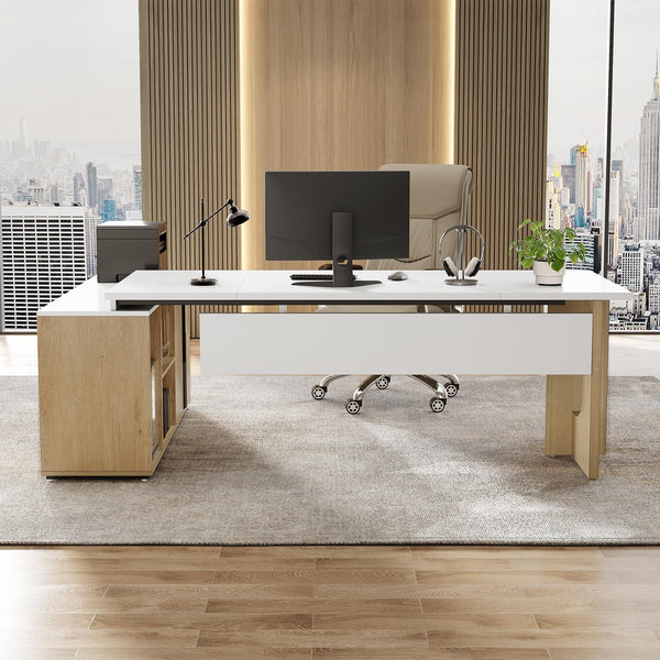 74" L-Shaped Executive Desk with Storage Cabinet & Shelves
