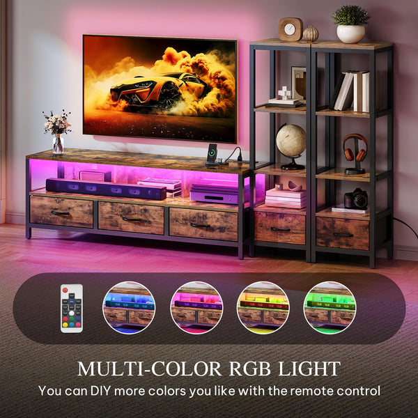TV Stand with Bookshelves, LED Lights & Power Outlets – Fits up to 65" TV