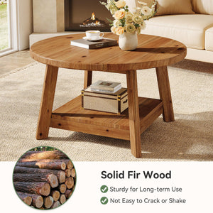 Round Solid Wood Coffee Table with Storage Shelf