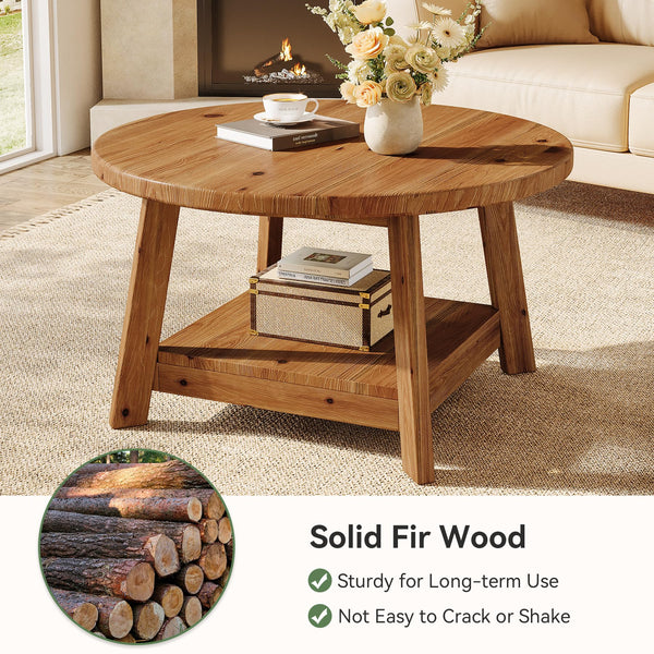 Round Solid Wood Coffee Table with Storage Shelf