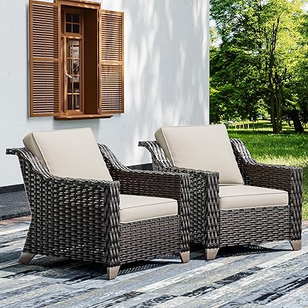 Outdoor Wicker Patio Chairs Set of 2 with Thick Cushions