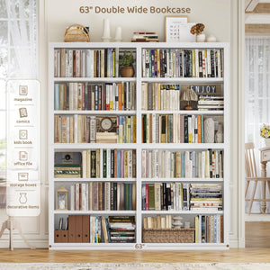 12-Shelf Double Wide Bookcase, 73" Tall Large Bookshelf with Storage