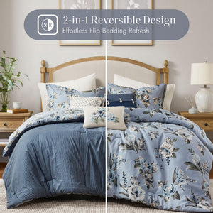 Vintage Floral Reversible Comforter Set – 7 Piece Bedding