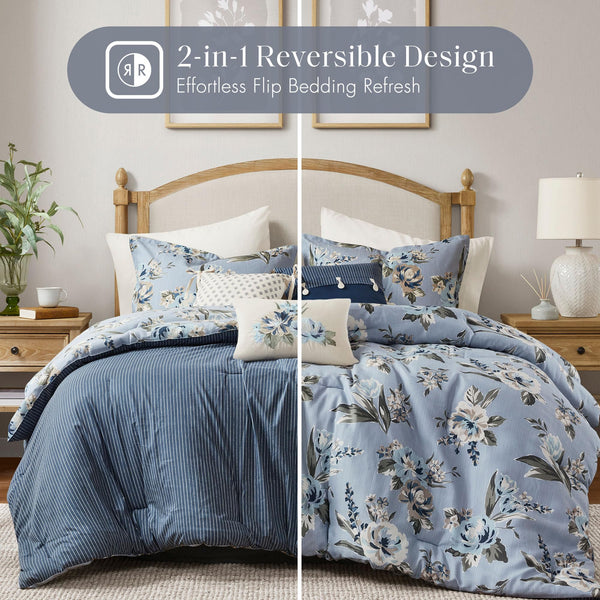Vintage Floral Reversible Comforter Set – 7 Piece Bedding