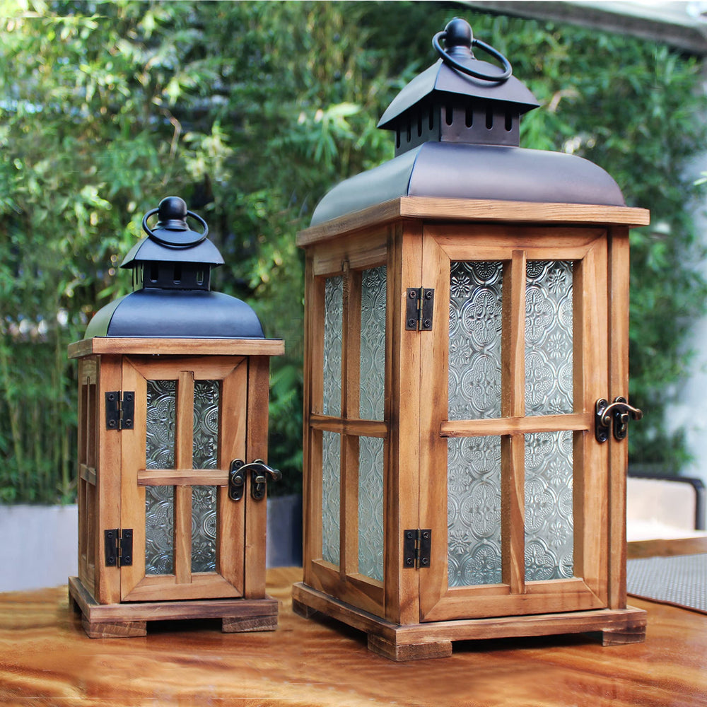 Rustic Wood Candle Lanterns with Black Metal Top – Set of 2