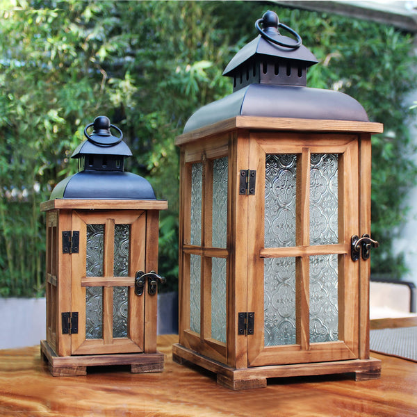 Rustic Wood Candle Lanterns with Black Metal Top – Set of 2
