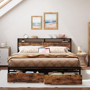 King Bed Frame with Storage Headboard, 2 Drawers & Charging Station