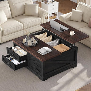 Lift Top Coffee Table with Storage, 39.4" Square, Farmhouse Style