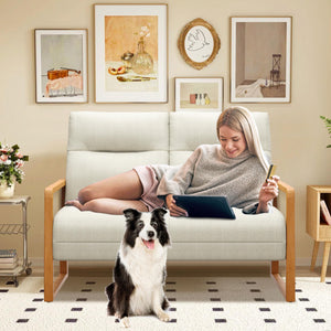 Linen Loveseat with Natural Rattan Arms & Oak Legs