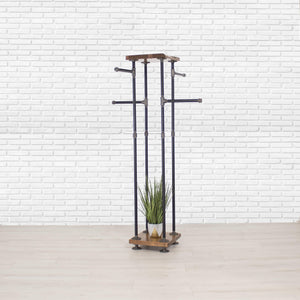 Industrial Pipe & Cedar Wood 4-Way Clothing Rack with Shelves