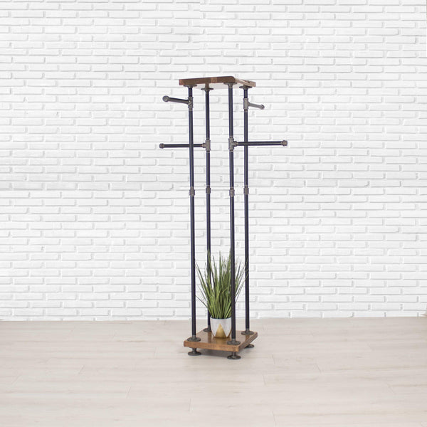 Industrial Pipe & Cedar Wood 4-Way Clothing Rack with Shelves