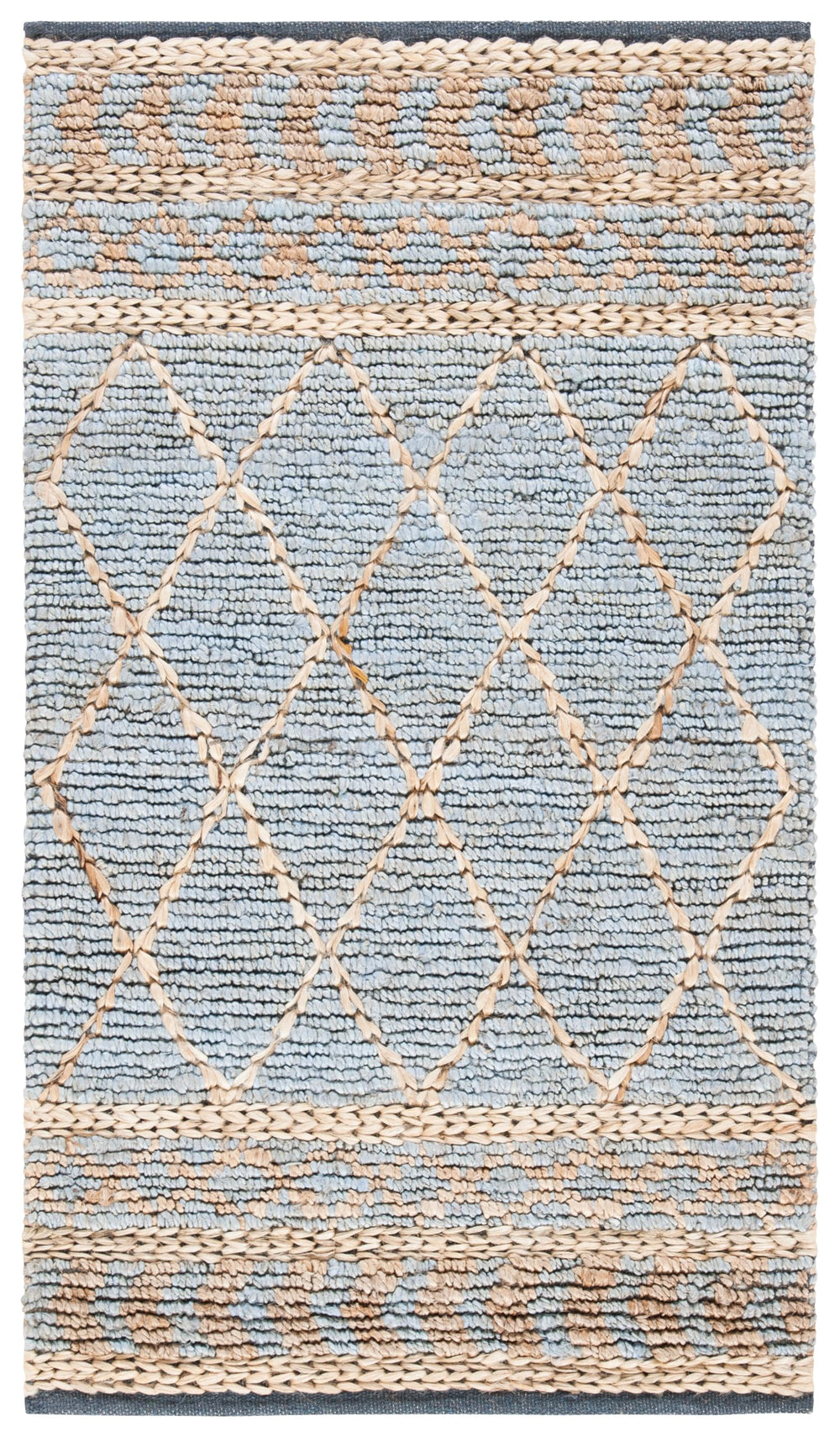 Hand-Woven Jute Area Rug – Natural & Blue Boho Moroccan Trellis