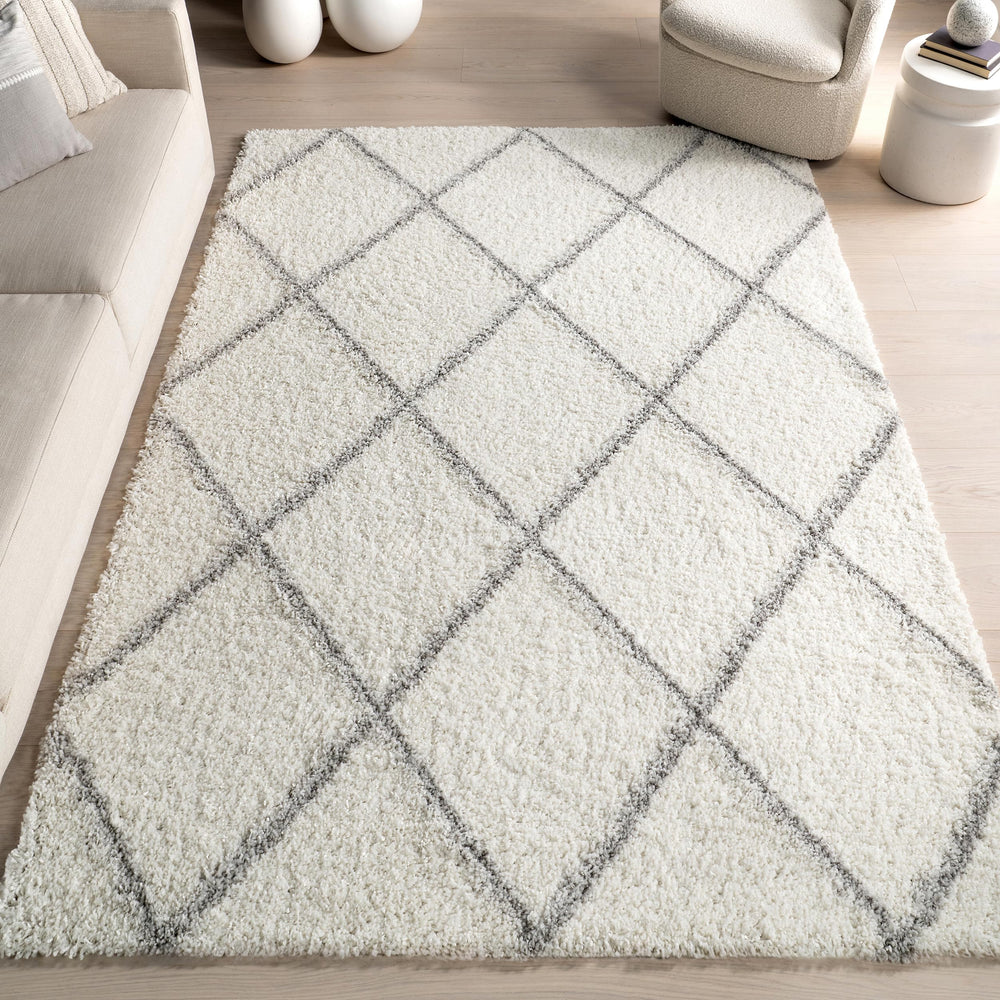 Moroccan Trellis Shag Area Rug 5x8 – Polypropylene, White/Grey