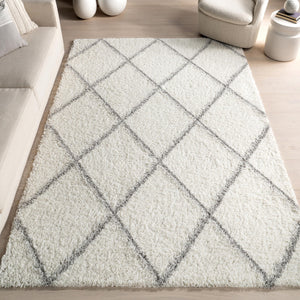 Moroccan Trellis Shag Area Rug 5x8 – Polypropylene, White/Grey