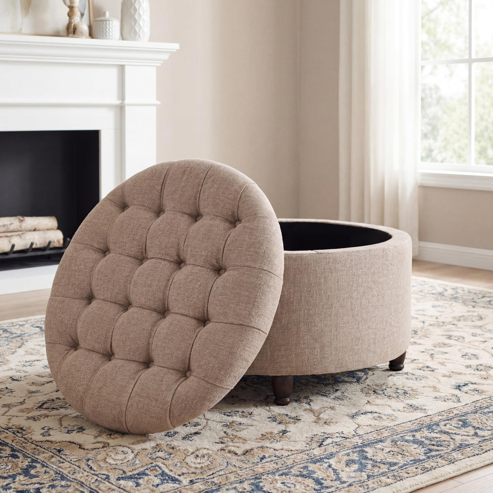 28" Round Storage Ottoman with Wooden Legs