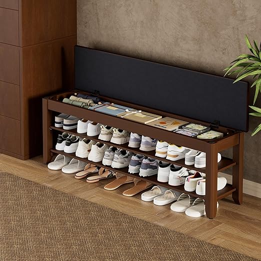 Shoe Storage Bench with Flip-Top Lid, Cushion & Adjustable Shelf