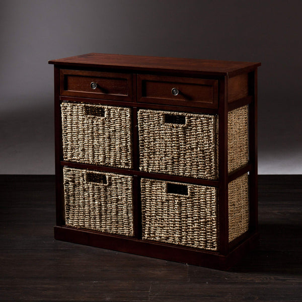 4-Basket Storage Chest with Drawers – Mahogany & Seagrass