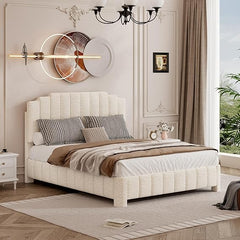 Queen Bed Frame with Adjustable Headboard & Boucle Upholstery