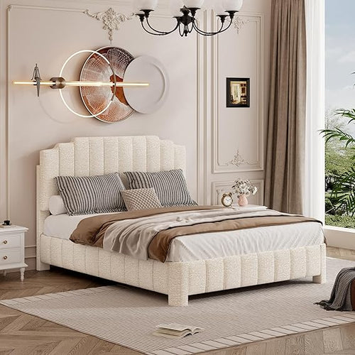 Queen Bed Frame with Adjustable Headboard & Boucle Upholstery