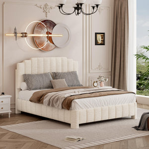 Queen Bed Frame with Adjustable Headboard & Boucle Upholstery