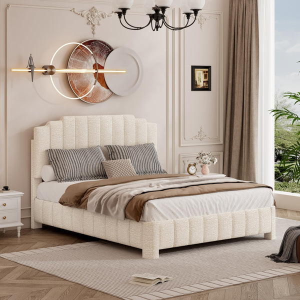 Queen Bed Frame with Adjustable Headboard & Boucle Upholstery