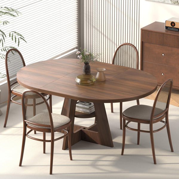 Round Extendable Dining Table 47.2"–63" with Storage Shelf, Walnut