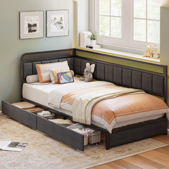 Corner Bed Frame with Storage Drawers, LED Lights & Charging Station