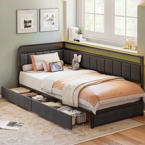 Corner Bed Frame with Storage Drawers, LED Lights & Charging Station