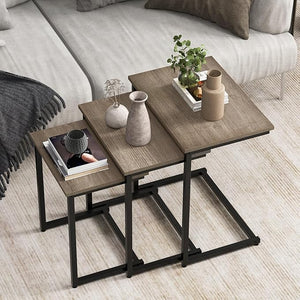 Nesting Coffee Table Set of 3, C-Shaped End Tables with Faux Marble Top