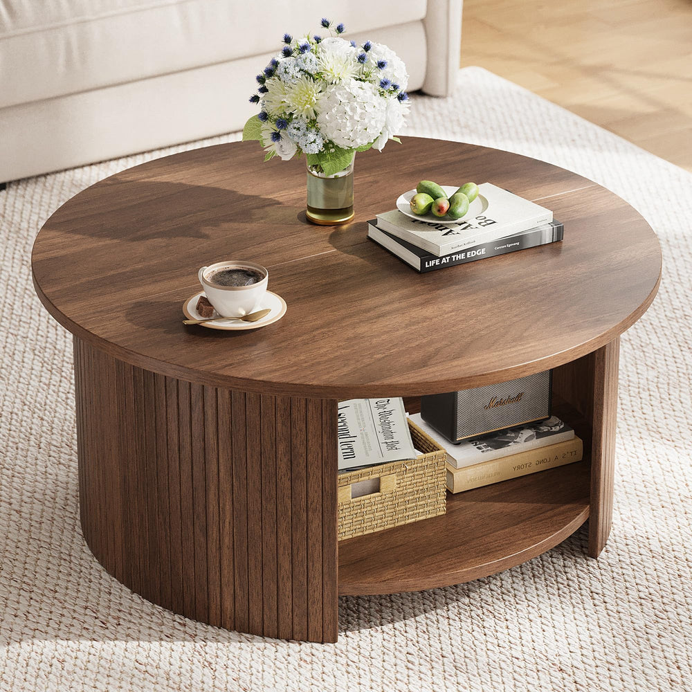 Round Coffee Table with Storage Shelf & Fluted Design