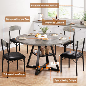 Round Dining Table Set for 4 – 47" 5-Piece with Storage Shelf