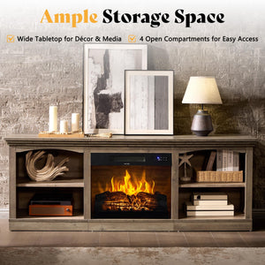 70" Fireplace TV Stand with Open Shelves – Rustic Grey