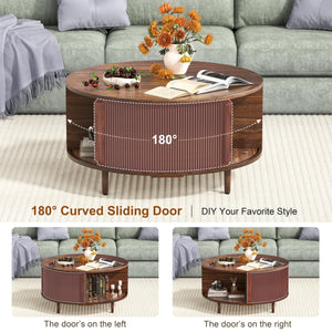 Round Lift-Top Coffee Table with Storage & Fluted Door