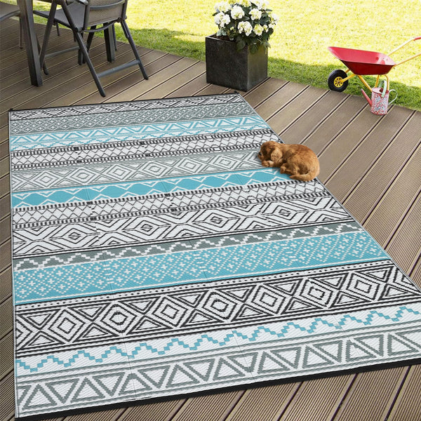 Outdoor Waterproof Reversible Patio Rug 10x14 – Polypropylene, Bohemian Blue/Grey