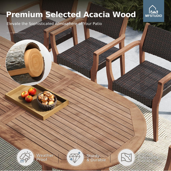 9-Piece Outdoor Patio Dining Set – Expandable Acacia Wood Table & Rattan Chairs