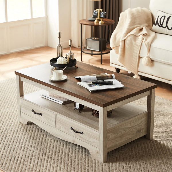 Farmhouse Coffee Table with Storage Drawers and Open Display