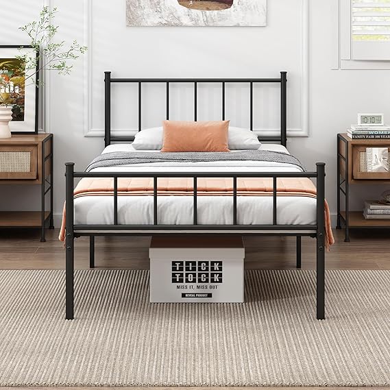Metal Platform Bed Frame with Storage & Steel Slat Support
