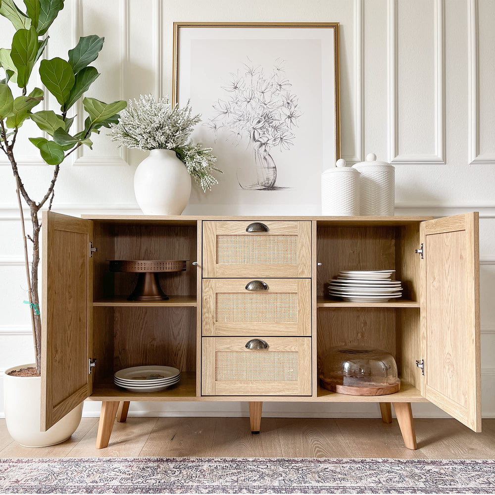 Rattan Sideboard Buffet Cabinet with Doors and Drawers